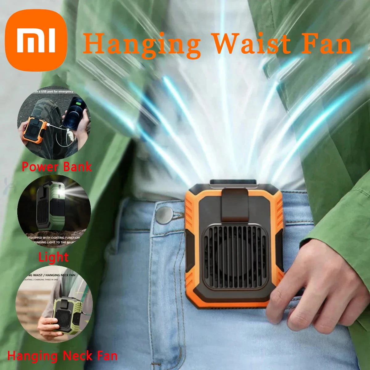 Xiaomi 4000mAh Wearable Personal Fan: Portable 3-Speed USB Rechargeable Waist Fan with Emergency Mobile Power for Outdoor Use